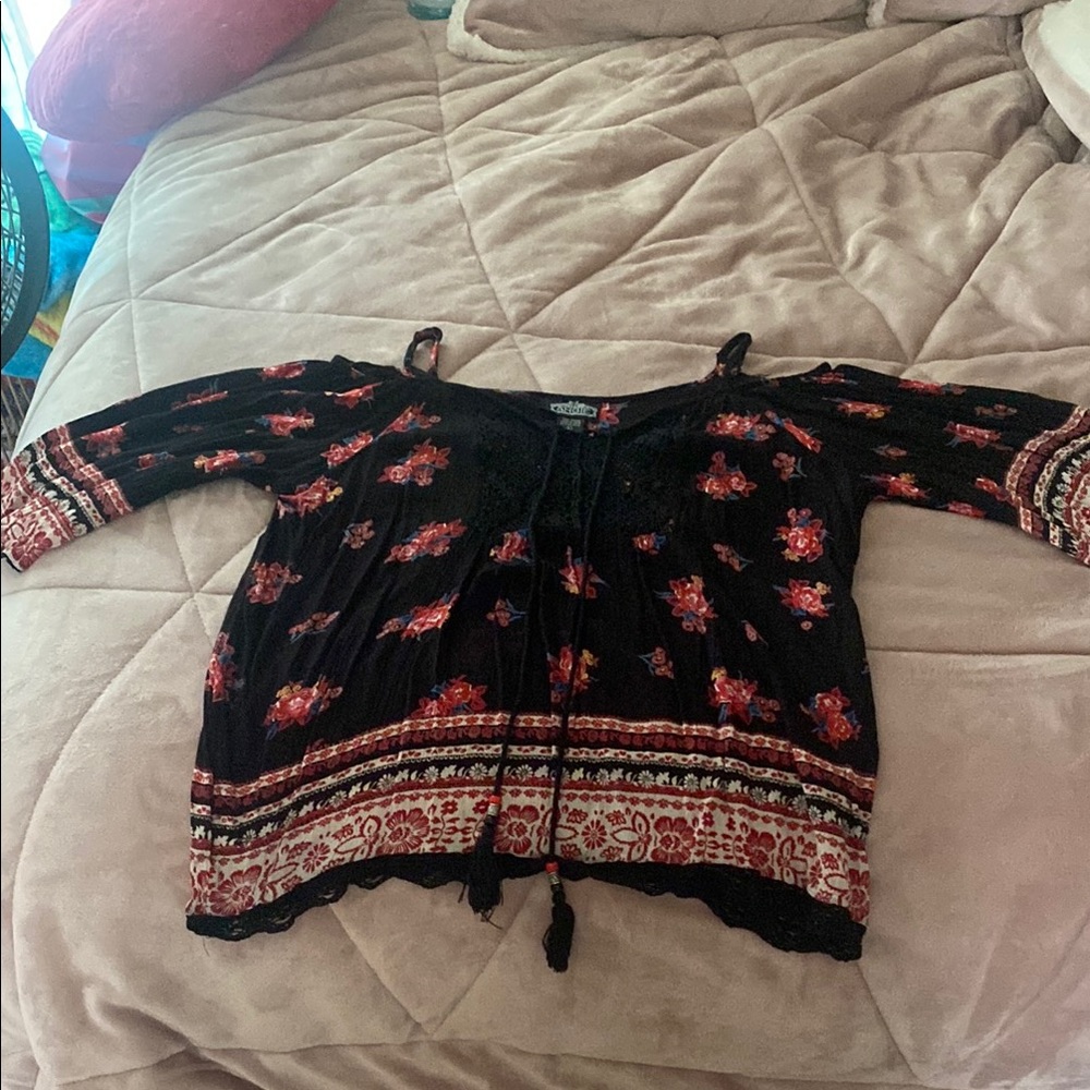 Angie Black and Pink Tie Front 3/4 Sleeve Blouse